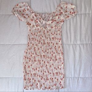 S, Creamy tan tie front floral mini dress